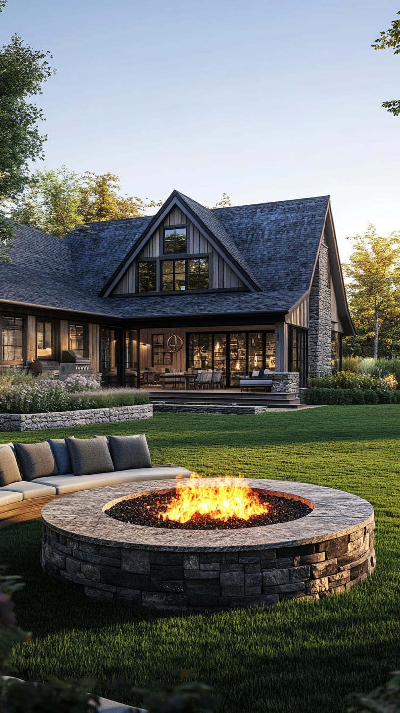 A large stone fire pit surrounded by comfortable seating on a green lawn with a modern farmhouse in the background.
