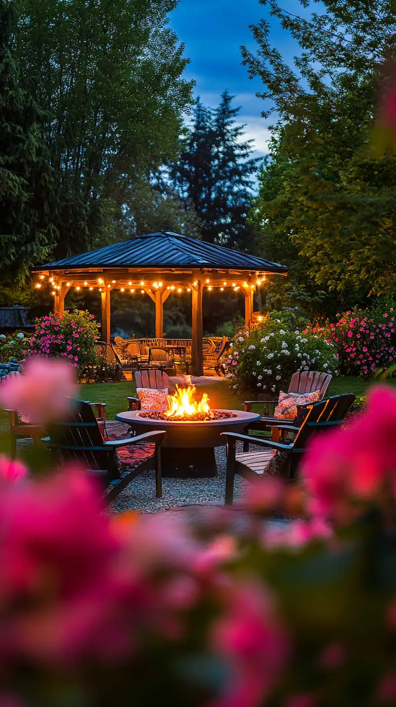 A cozy outdoor gathering area featuring a fire pit, comfortable chairs, vibrant pink flowers, and an elegant gazebo, set against a starry night sky.