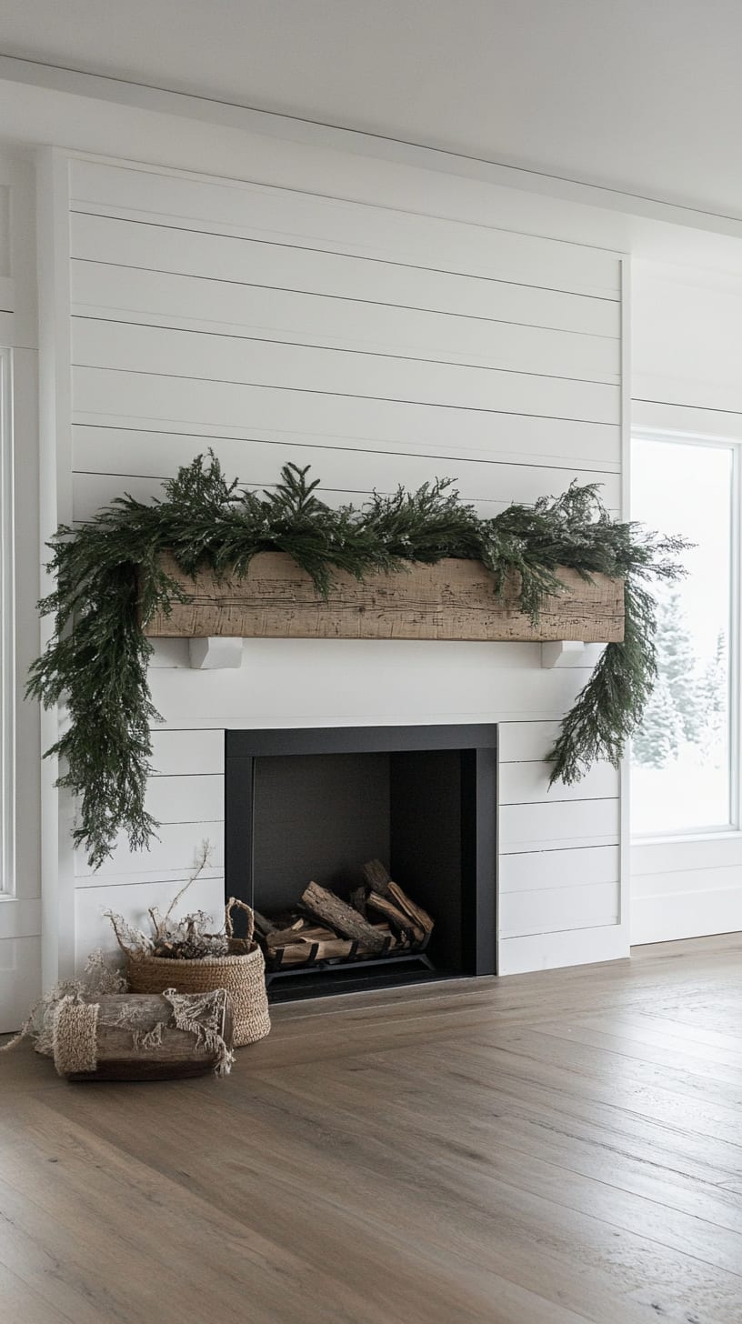 A white shiplap fireplace with a greenery garland, light oak wood flooring, and a cozy winter atmosphere in a minimalist farmhouse-style living room.