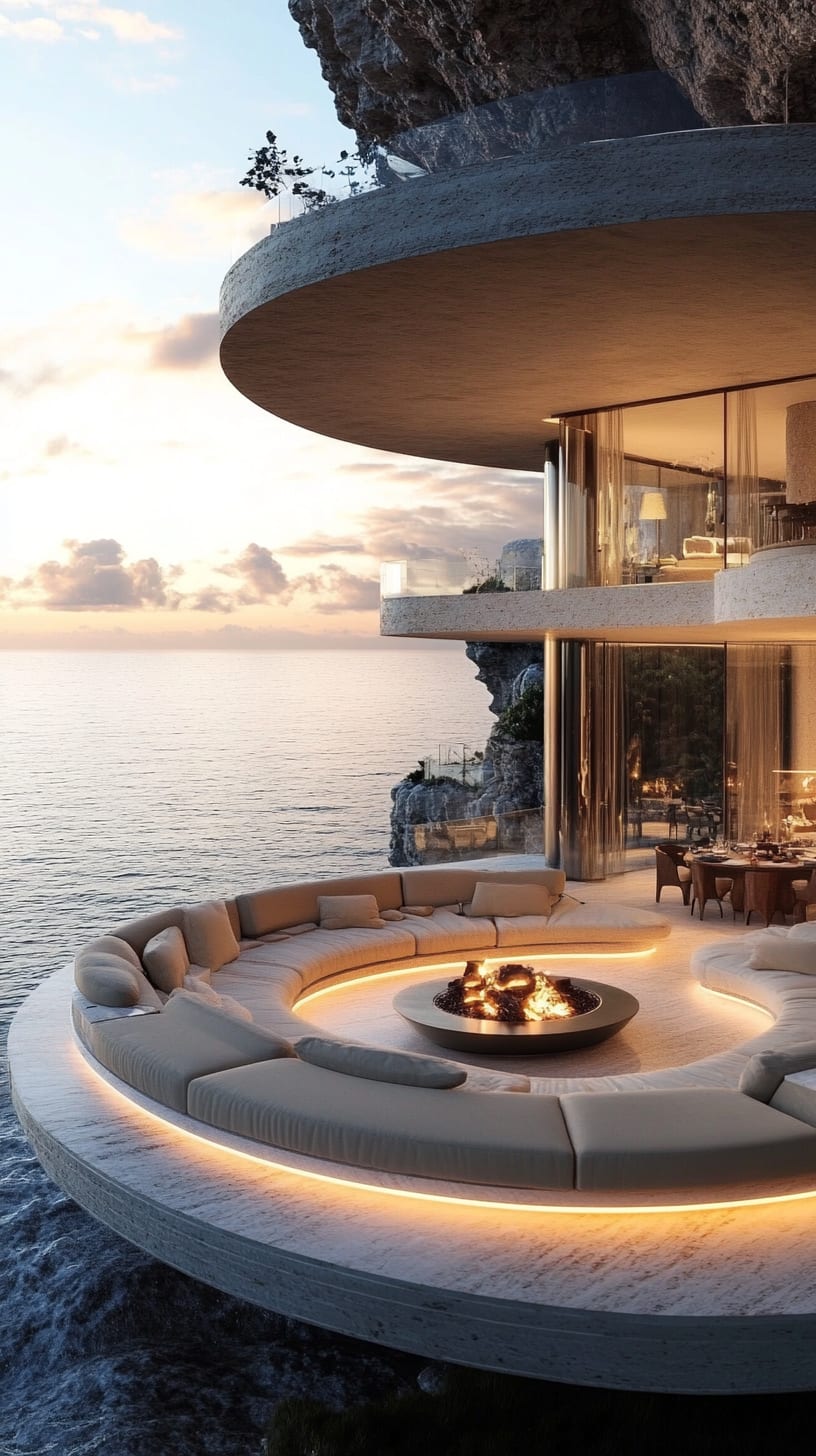 A luxurious circular villa on a cliffside overlooking the ocean at sunset, featuring a fire pit, infinity pool, and cozy interior design.