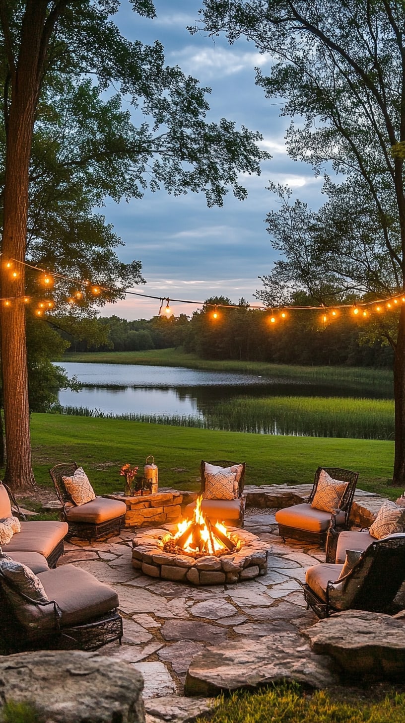 A rustic outdoor setting featuring a fire pit surrounded by comfortable seating, with string lights above and a view of a serene lake at dusk.