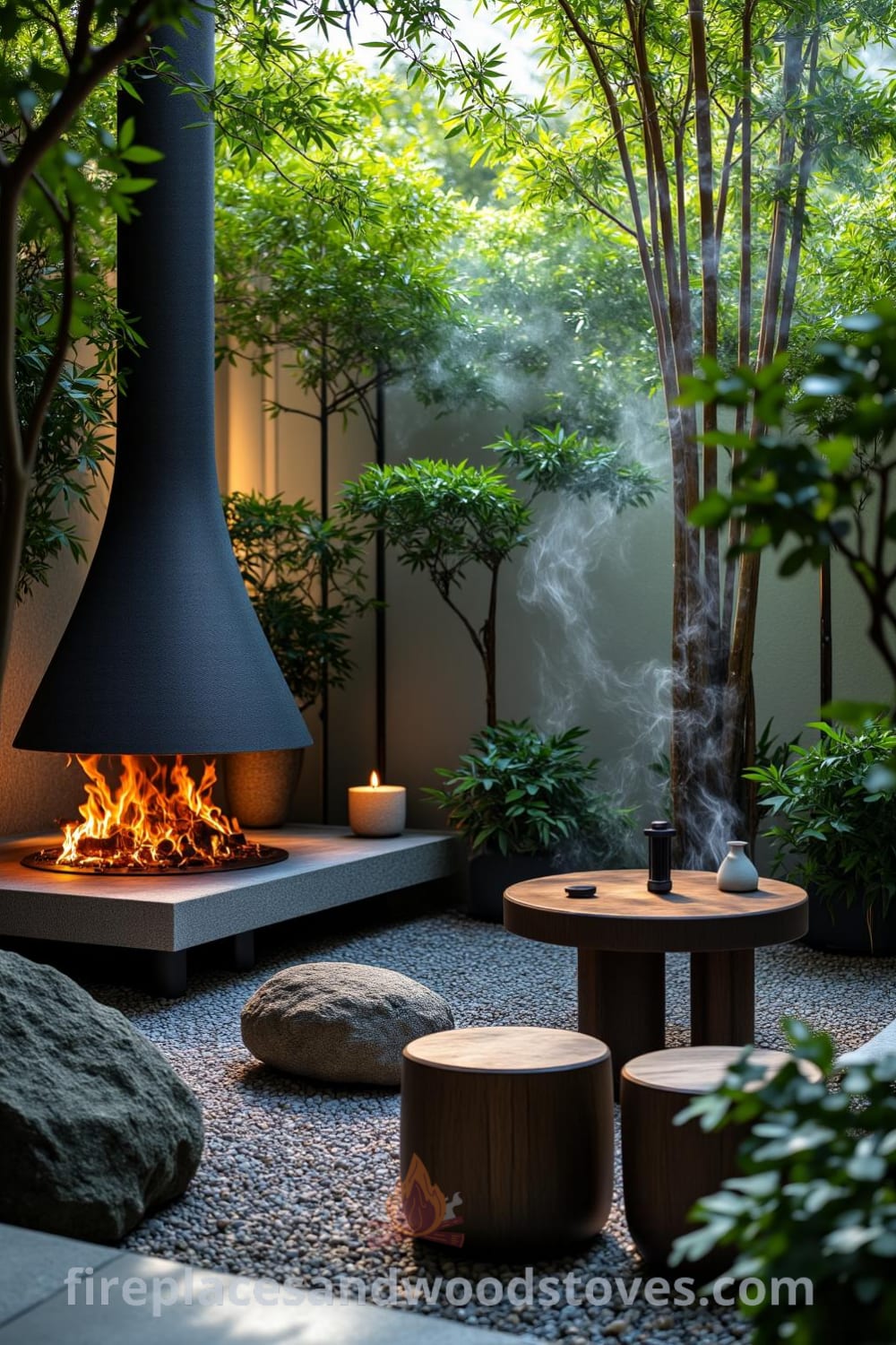 Zen outdoor fireplace nestled in a tranquil garden, surrounded by arching bamboo and well-manicured stones, with crackling flames, soft trails of smoke, and a rustic wooden bench, showcasing inspiring decor ideas for a cozy home at fireplacesandwoodstoves.com.