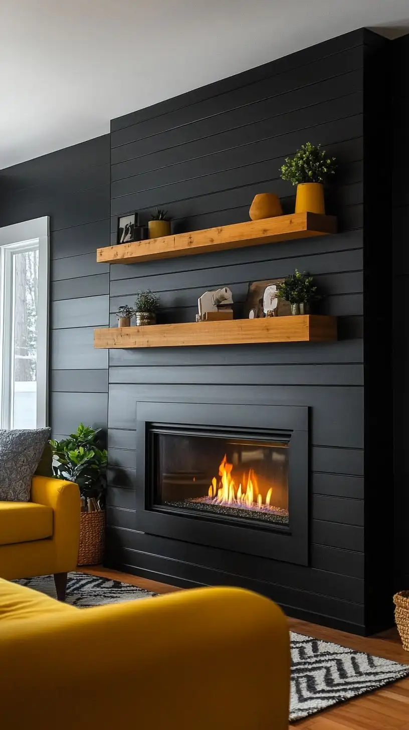 A modern living room featuring a black shiplap fireplace wall, wooden shelves, a yellow sofa, and bright natural light creating a cozy atmosphere.