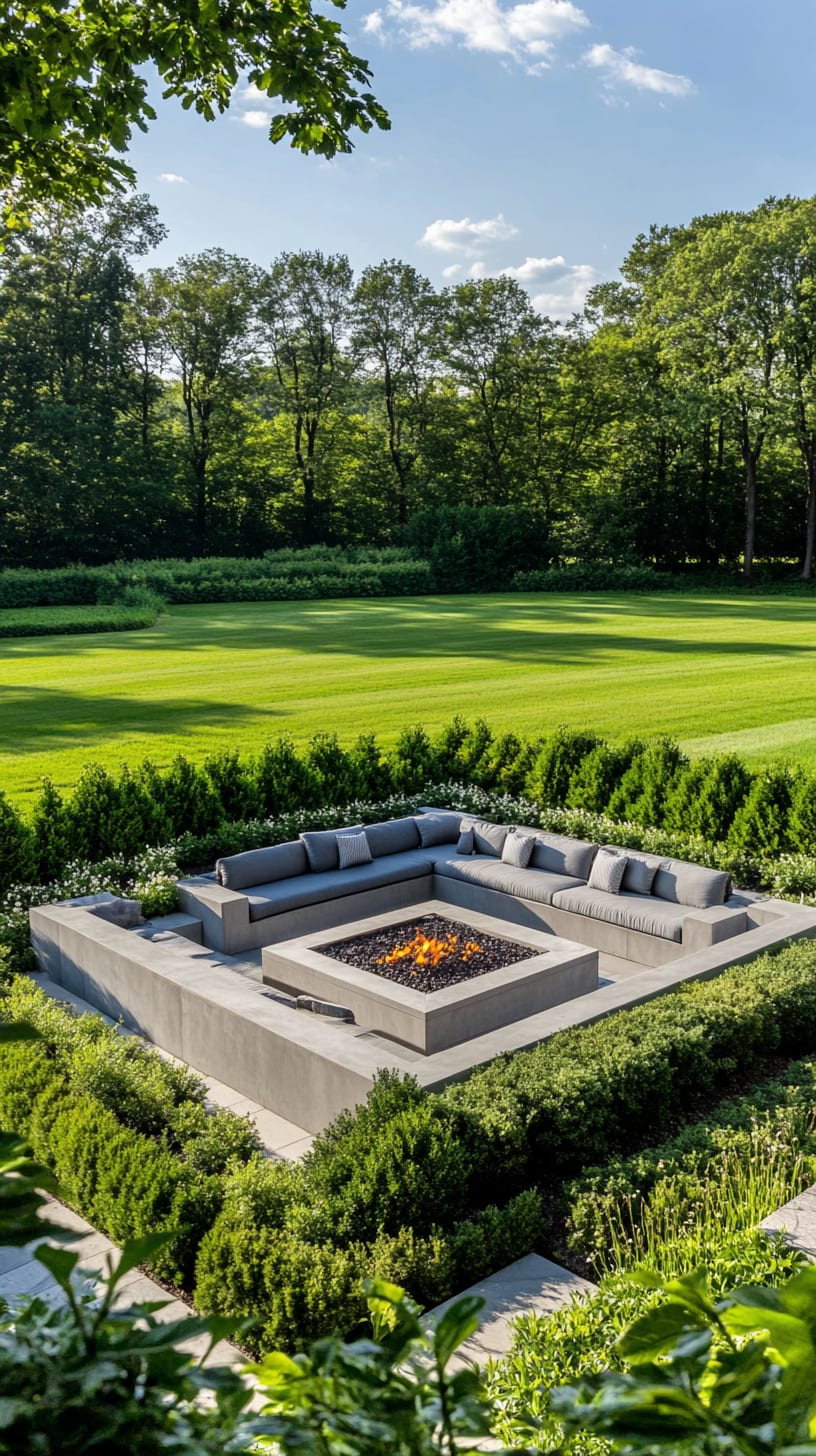 A modern outdoor seating area featuring a large fire pit, surrounded by gray concrete seating and lush greenery in a peaceful garden setting.