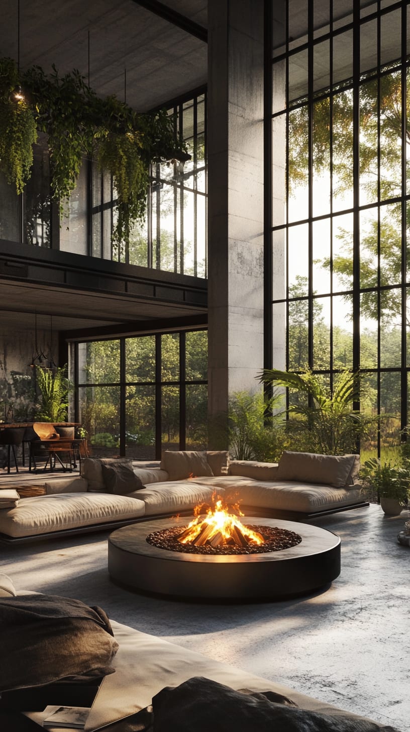 A spacious modern living room featuring high ceilings, large windows, a round fire pit, and lush greenery outside, creating a bright and inviting atmosphere.