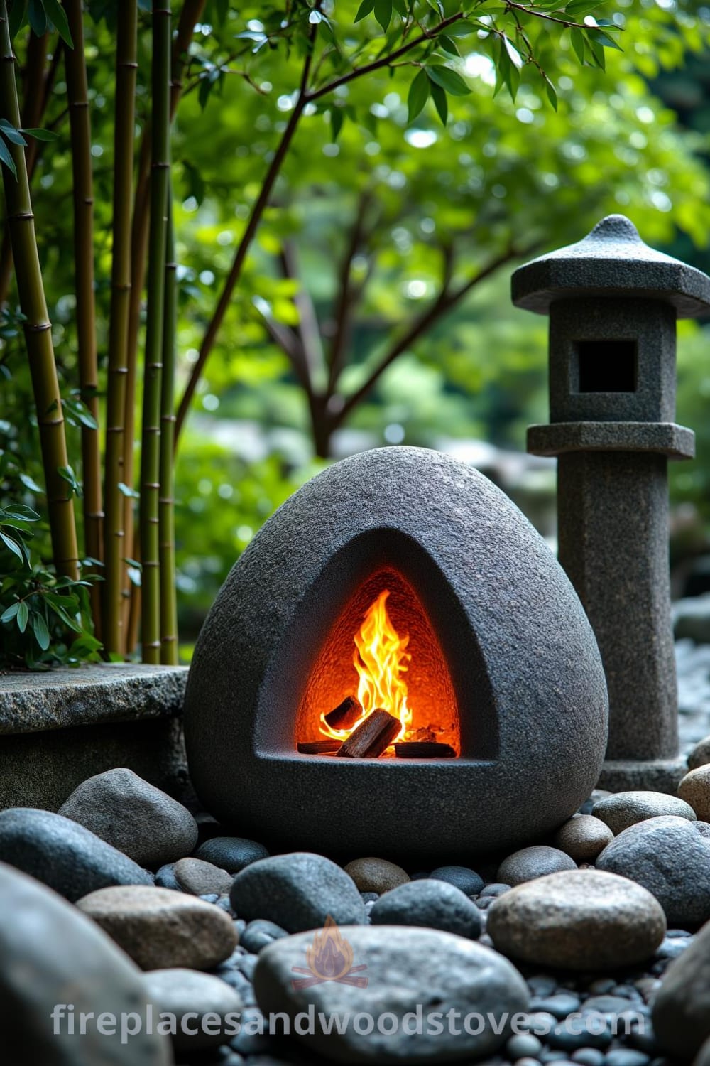 Traditional Japanese Zen outdoor fireplace surrounded by smooth stones and lush greenery in a tranquil garden, with flickering flames illuminating the pebbles and casting shadows on bamboo, offering cozy ideas and design inspirations for creating a serene home environment. Visit fireplacesandwoodstoves.com for unique ideas.