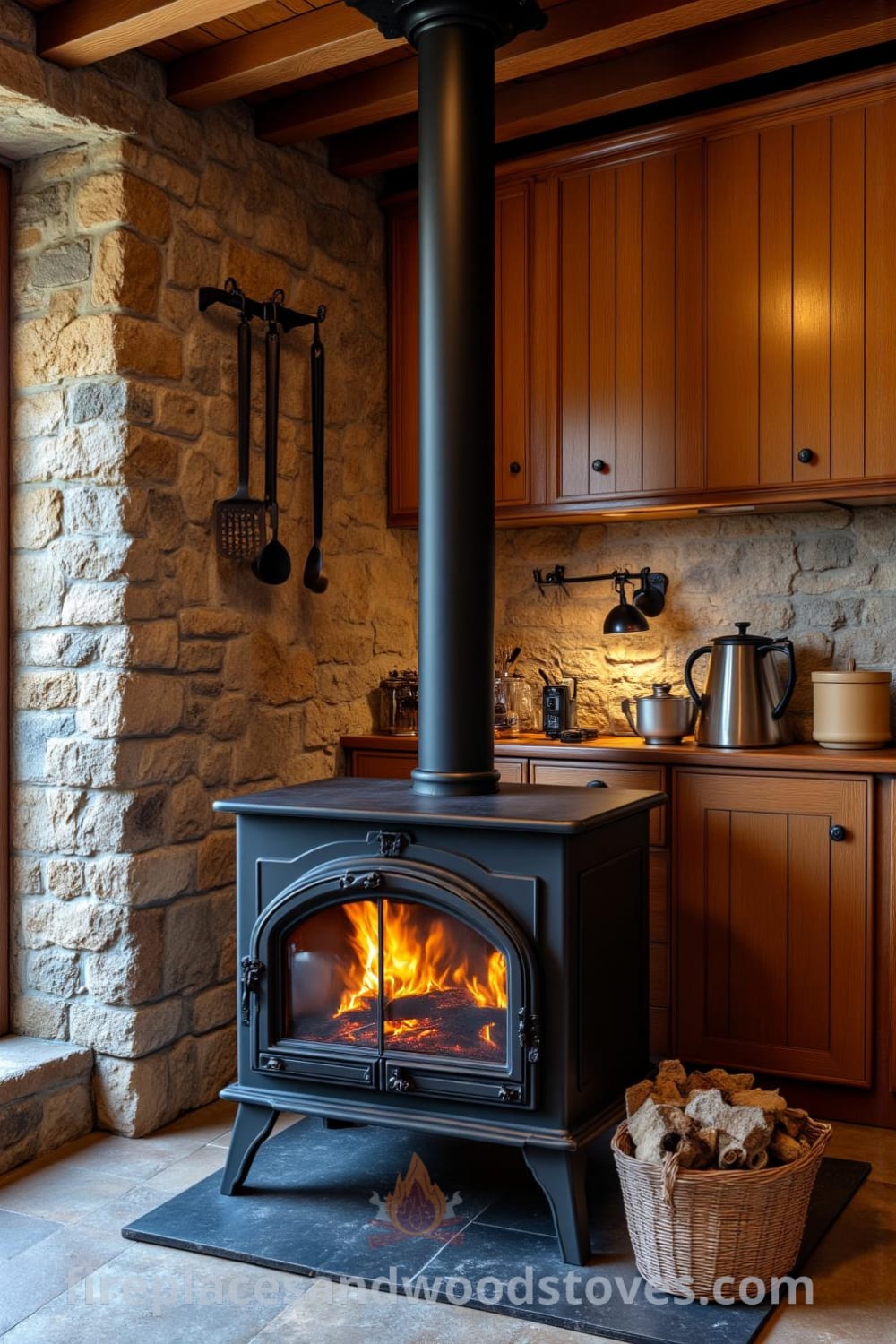 Cozy wood stove in a rustic kitchen corner featuring warm wooden cabinetry, flickering firelight, and inviting decor ideas like vintage utensils and kindling basket, inspiring cozy home design inspirations. Visit fireplacesandwoodstoves.com for unique ideas.