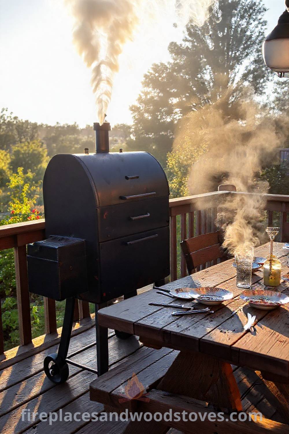 Outdoor barbecue smoker made of thick black steel with a rustic finish, set on a wooden deck overlooking a garden. Mismatched picnic tableware enhances the cozy gathering atmosphere, ideal for summer get-togethers. Visit patioandhomefurniture.com for stylish designs that will wow your guests.