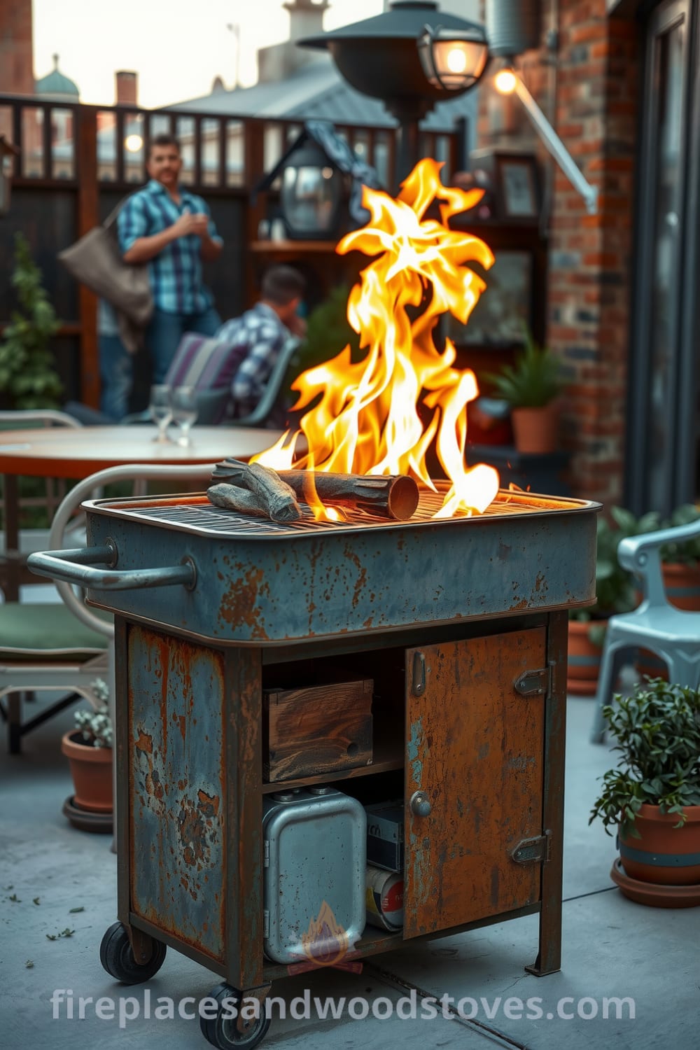Weathered industrial steel outdoor barbecue on a concrete patio with flickering flames and surrounding terracotta herb pots, creating a cozy atmosphere for outdoor gatherings, showcasing unique decor ideas and inspirations for your home at fireplacesandwoodstoves.com.