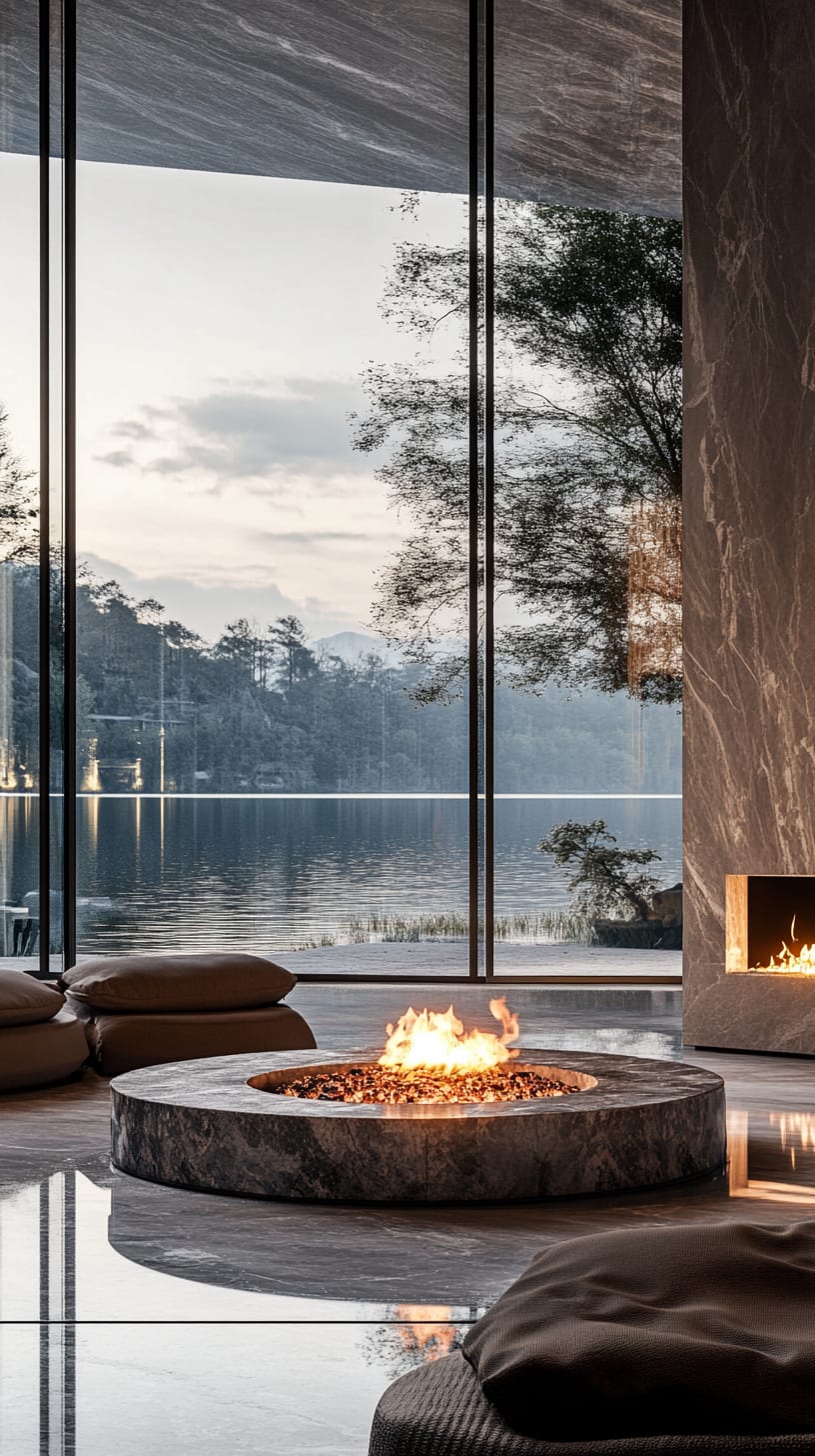 A modern living room with floor-to-ceiling windows overlooking a lake, featuring a circular stone fire pit in the center, enveloped by minimalist decor and natural materials.
