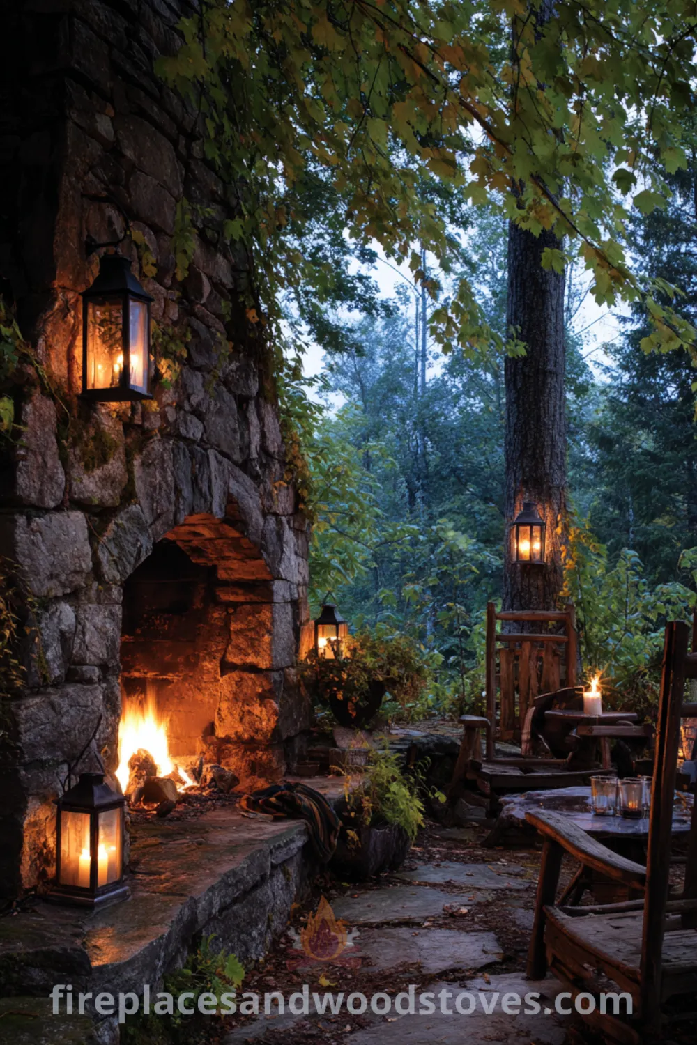 A rustic outdoor fireplace with rough-hewn stones, vintage lanterns, and natural rock seating, creating a cozy outdoor space.