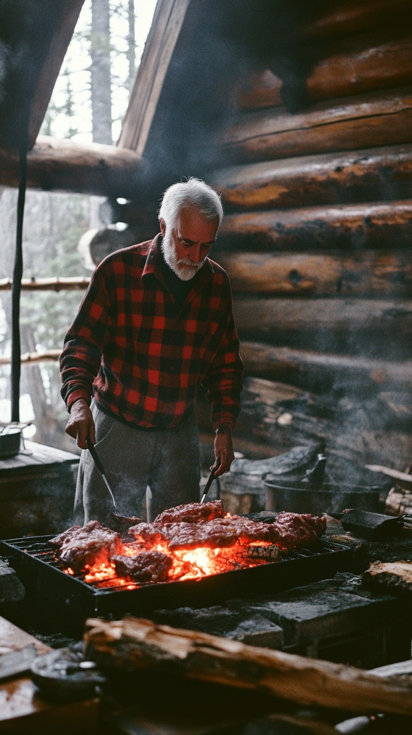 An elderly man with white hair and beard cooking large ribs over an open fire inside a rustic log cabin, surrounded by wooden walls and a natural setting.