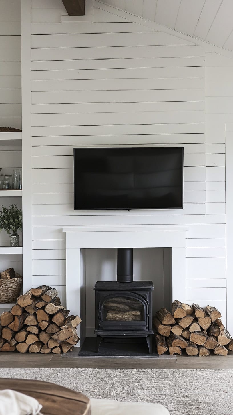 A cozy living room featuring a white shiplap wall with a TV above a modern wood stove, complemented by a stack of firewood, exuding farmhouse charm.
