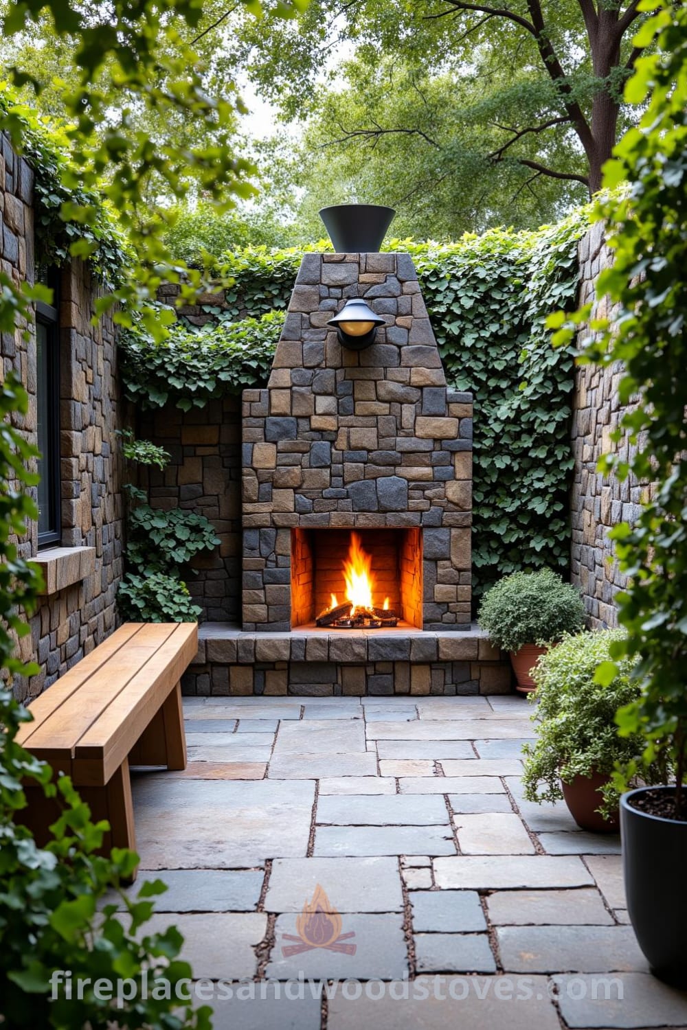 Sunken patio featuring a cozy outdoor fireplace built with natural stone, surrounded by rustic wooden seating and lush potted plants, creating an inviting atmosphere ideal for gatherings under the stars. For inspiring ideas for your home, visit fireplacesandwoodstoves.com.