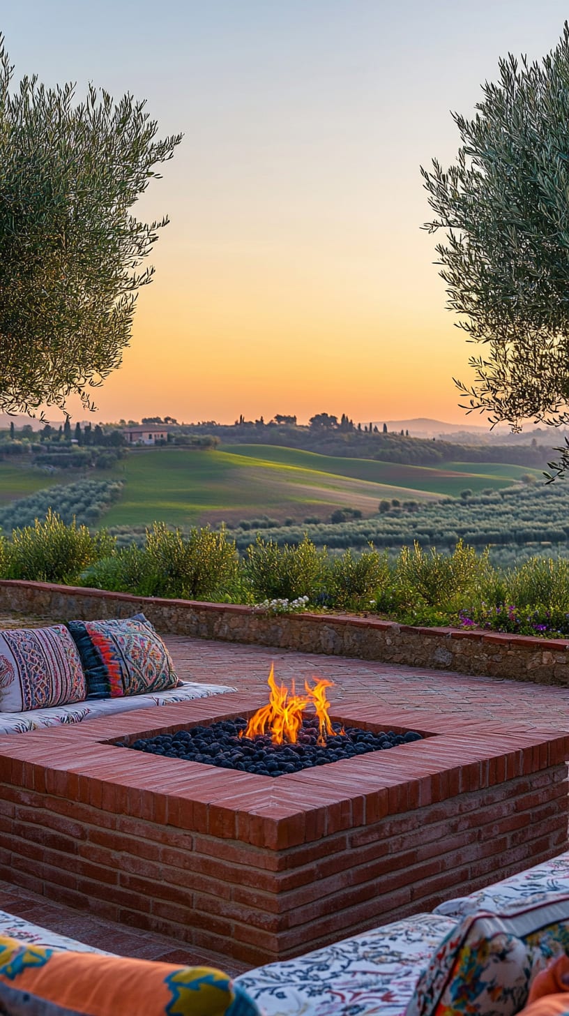 An outdoor seating area with a red brick fire pit, colorful cushions, and a view of olive trees and rolling hills in Tuscany at sunset.