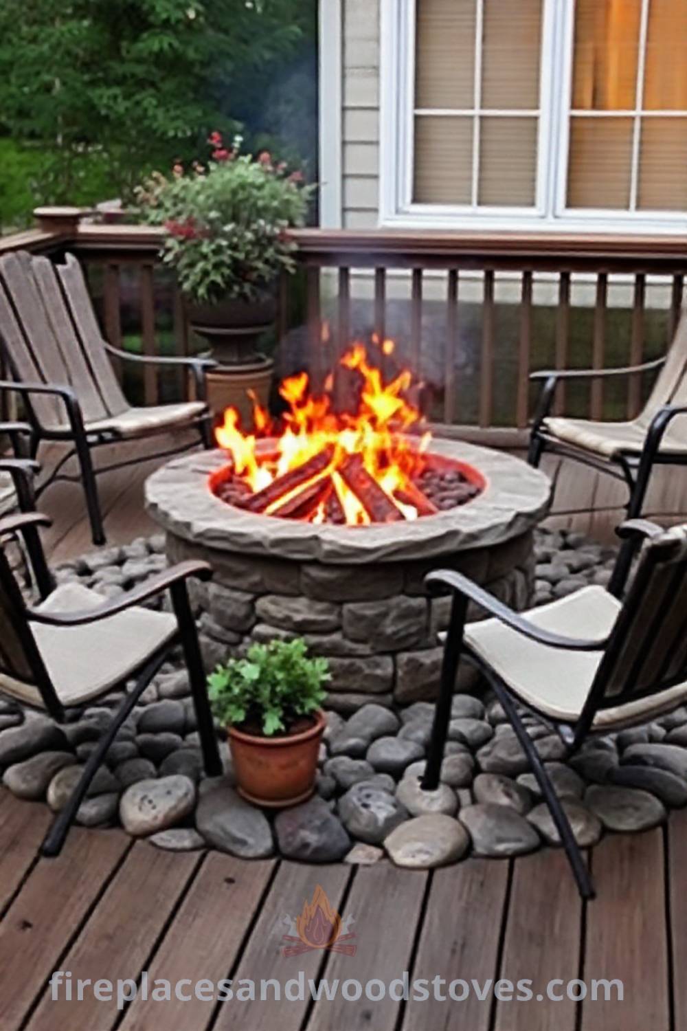 Classic charcoal fire pit made of stone on a wooden deck, surrounded by river stones, creating a cozy outdoor space with warm flames and mismatched chairs, perfect for gatherings under the stars. Visit patioandhomefurniture.com for stylish ideas that will wow your guests.