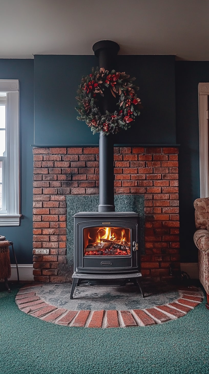 A modern wood stove surrounded by dark blue walls, green carpet, and decorated with a Christmas wreath above, creating a cozy holiday atmosphere.