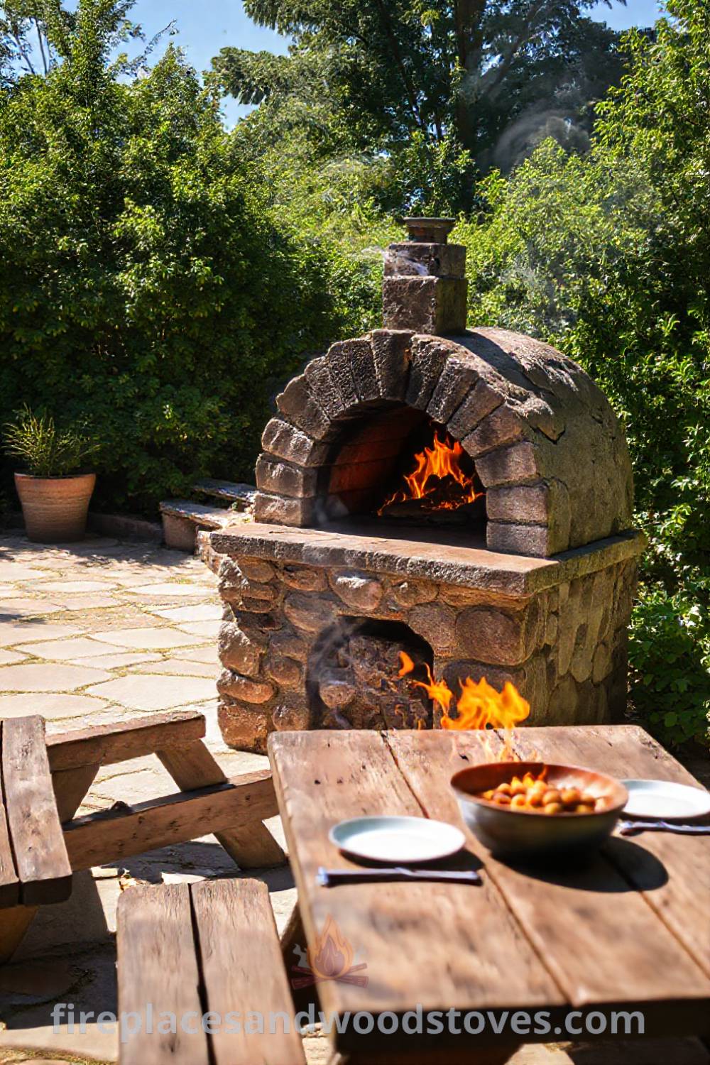Rustic stone BBQ oven on a sun-drenched patio surrounded by greenery, complementing a cozy picnic table setup, providing ideas for an incredible outdoor space that will wow your guests. Visit patioandhomefurniture.com for inspiration on stylish designs transforming your backyard.