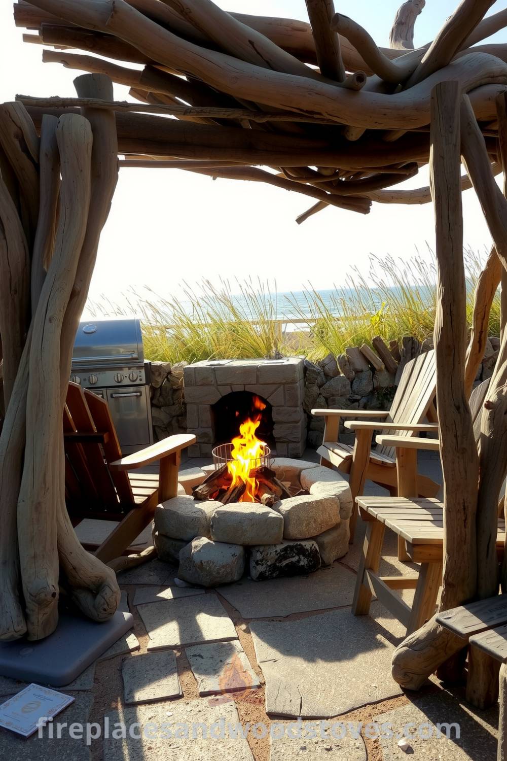 Sun-bleached driftwood barbecue set against swaying grasses and distant waves, featuring cozy reclaimed wood chairs, flickering firelight, and a relaxing coastal ambiance. Visit fireplacesandwoodstoves.com for inspiring decor ideas.