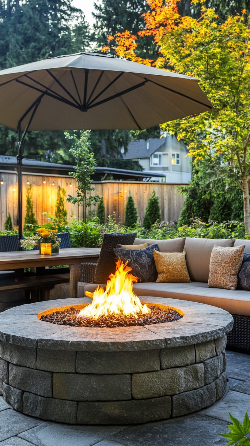 A round stone fire pit with flames, surrounded by comfortable outdoor seating and an umbrella in a backyard garden during autumn, with colorful foliage in the background.