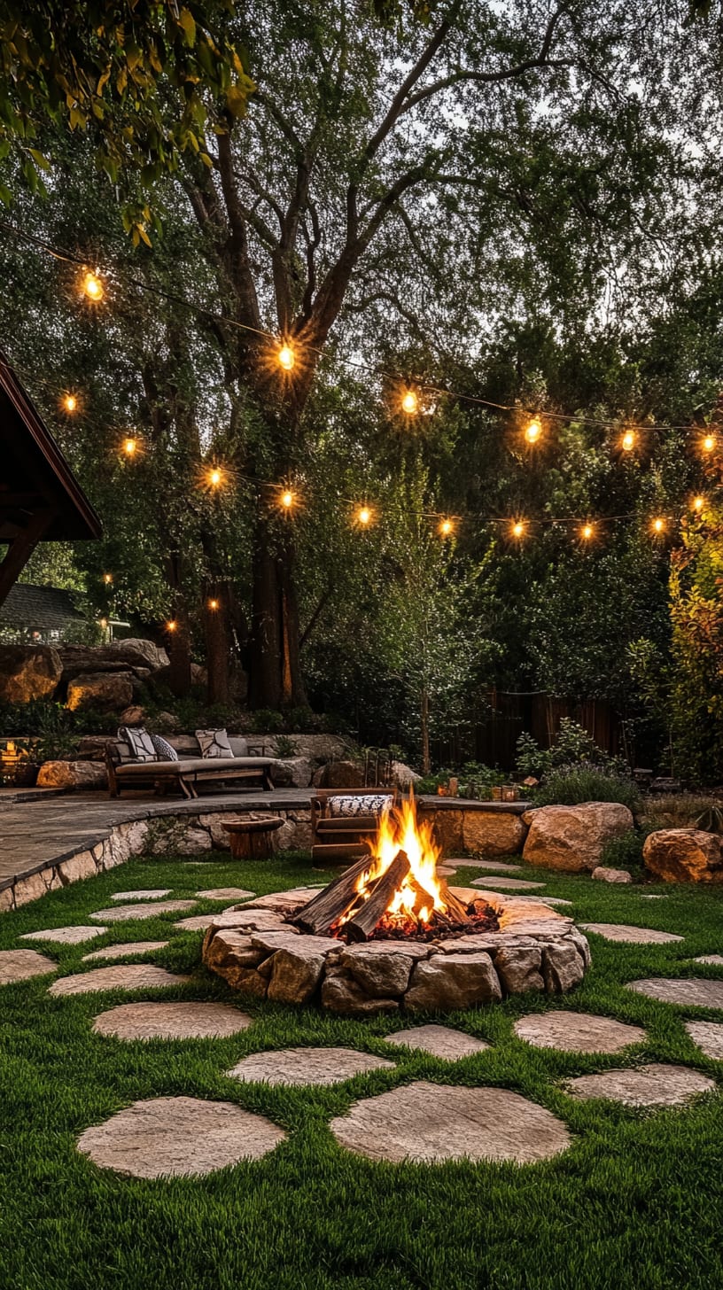 A cozy backyard scene featuring a fire pit surrounded by green grass, stone paths, and string lights creating a warm atmosphere for outdoor gatherings.