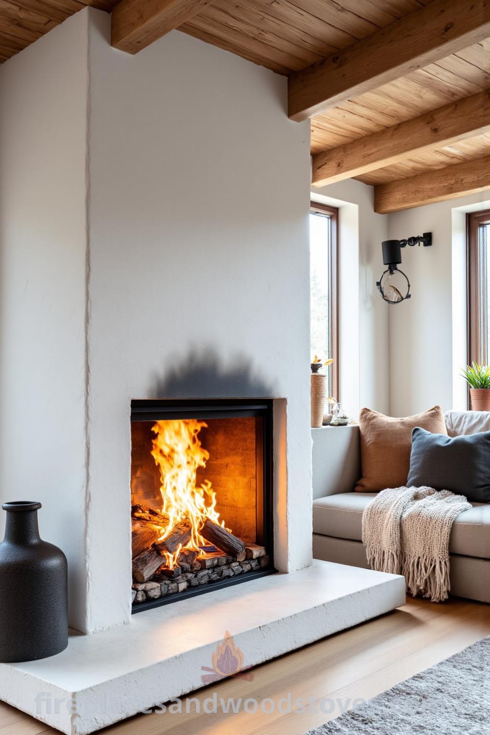 Scandinavian whitewashed fireplace in a cozy living room, showcasing rough plaster, smooth wooden beams, soft cushions, and a warm knit blanket, creating a charming atmosphere filled with flickering firelight, ideal for inspiring cozy ideas for your home. Visit fireplacesandwoodstoves.com for more decor inspirations.