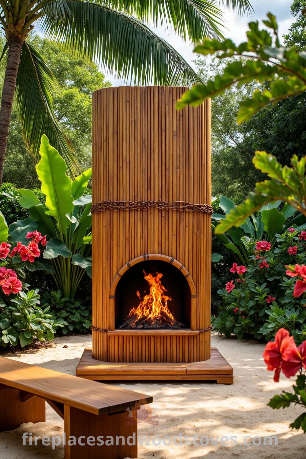 Tropical Bamboo Barbecue Fireplace in a lush garden setting, surrounded by swaying palm trees and colorful flowers, with flickering flames illuminating rustic wooden benches, providing cozy decor ideas and inspiring designs for your home at fireplacesandwoodstoves.com.