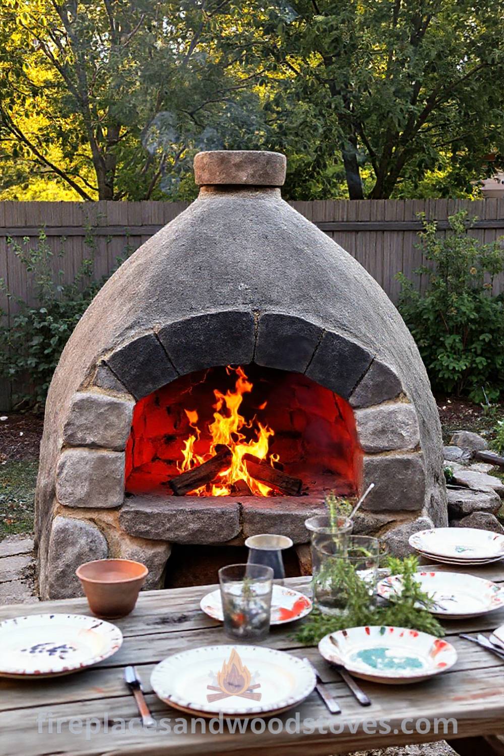 Sturdy stone BBQ oven in a sun-dappled backyard with a crackling fire, mismatched picnic table setting, and fresh herbs, creating a cozy and inviting outdoor space for gatherings. Visit patioandhomefurniture.com for stylish ideas transforming your backyard.