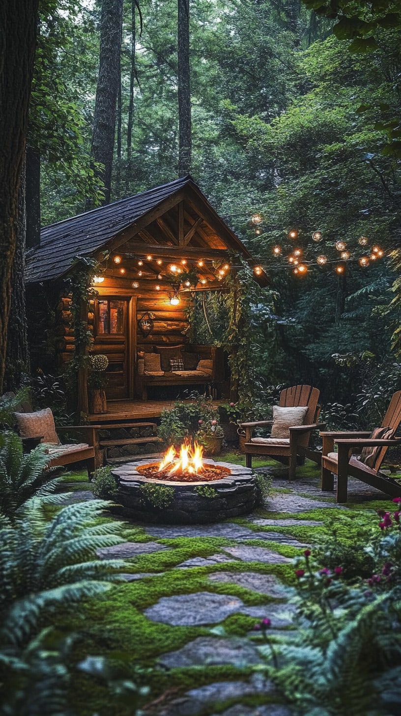 A cozy log cabin in the woods with string lights, a fire pit surrounded by chairs, and a serene backdrop of lush greenery and mossy ground.