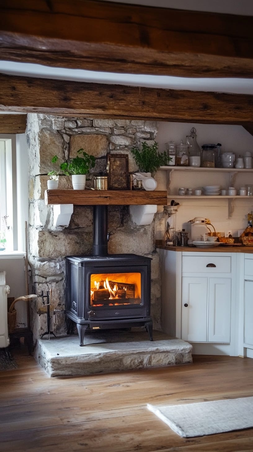 A cozy wood stove in the kitchen of an old stone house, surrounded by rustic decor including wooden beams and white cabinets, with plants overhead and a warm glow from the fire.