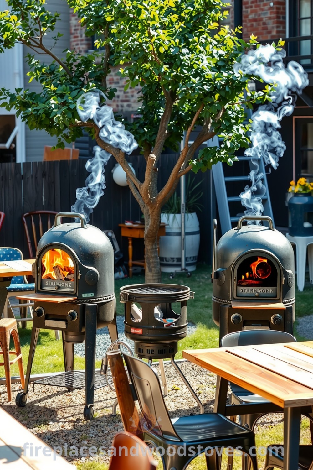 Trio of industrial steel outdoor barbecues in a rustic urban backyard, surrounded by reclaimed wooden tables and mismatched chairs, with wisps of smoke rising and friends enjoying a relaxed gathering, showcasing cozy ideas for outdoor dining from fireplacesandwoodstoves.com.