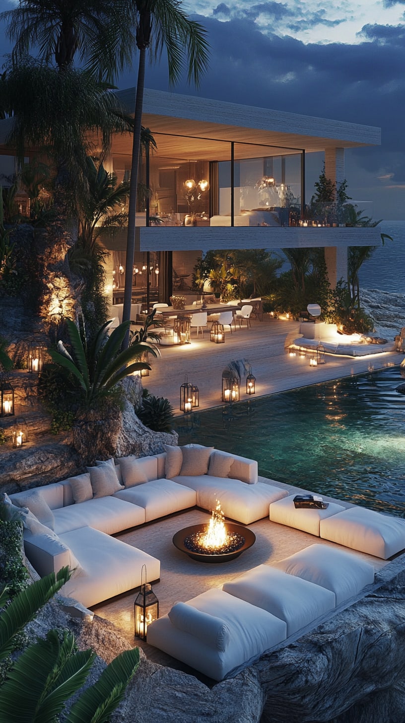 A luxurious mansion with an infinity pool, fire pit, and outdoor seating overlooking the ocean at night, surrounded by lush tropical plants and illuminated by lanterns.