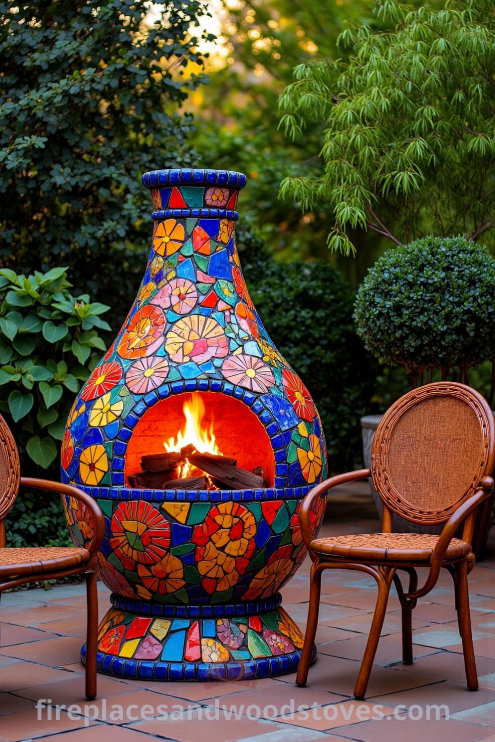 A vibrant Bohemian mosaic firepit on a tiled patio surrounded by greenery, with flickering flames casting shadows, inviting mismatched chairs, and offering cozy ideas for outdoor retreat decor at fireplacesandwoodstoves.com.