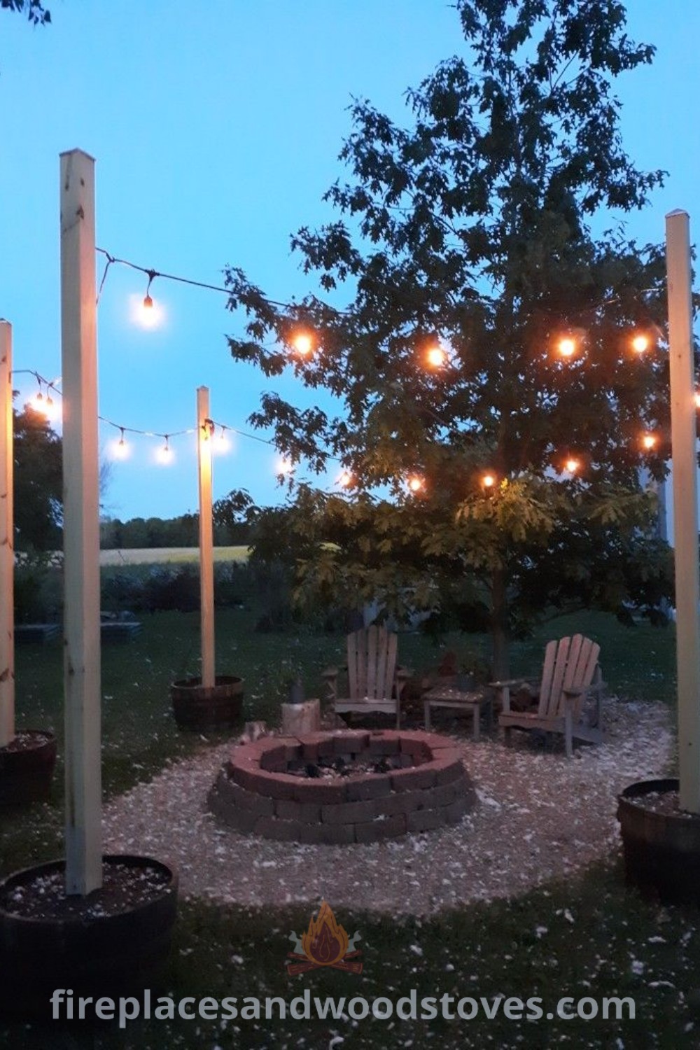 An outdoor fire pit seating area surrounded by chairs and lights, creating a cozy and stylish space perfect for evening gatherings. Ideal for wedding areas and DIY yard decor. Discover more outdoor inspiration at patioandhomefurniture.com.