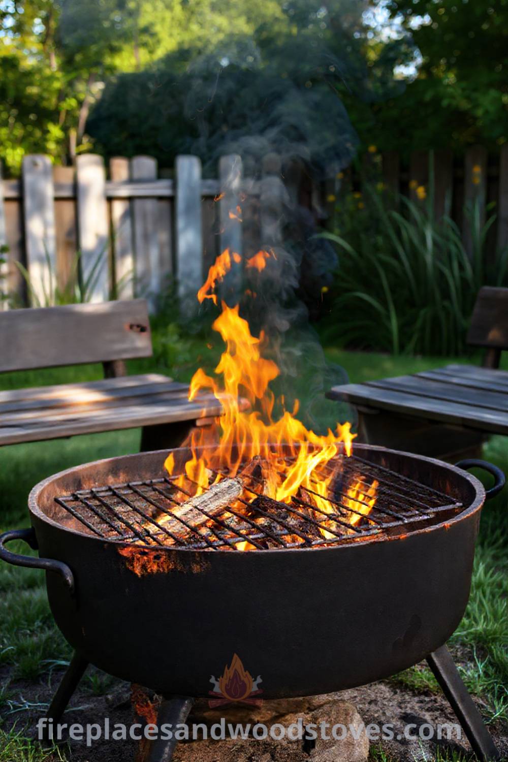 Heavy-duty wood-burning metal fire pit with grill grate in a sun-dappled backyard, surrounded by rustic wooden benches and vibrant garden, creating a cozy atmosphere for evening gatherings. Visit patioandhomefurniture.com for stylish outdoor design ideas that will wow your guests.