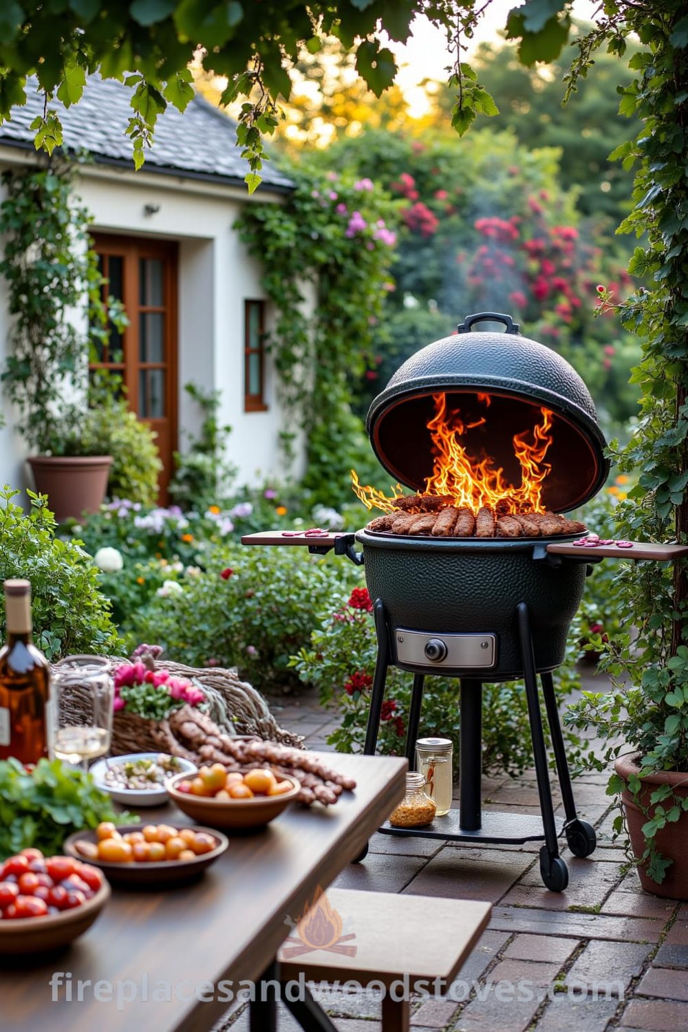 Wrought iron barbecue in a quaint country garden setting with a warm fire, rustic wooden tables filled with fresh veggies and marinated meats, creating a cozy ambiance for outdoor gatherings. Visit fireplacesandwoodstoves.com for inspiring decor ideas.