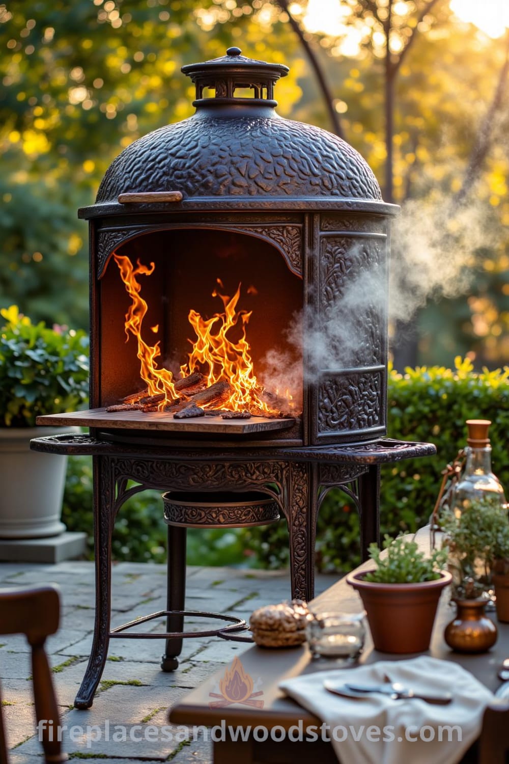 Ornate Victorian wrought iron outdoor barbecue on a stone patio with flickering flames, surrounded by fresh herbs and mismatched plates on a rustic wooden table, creating a cozy and inviting atmosphere for gatherings, featured on fireplacesandwoodstoves.com.