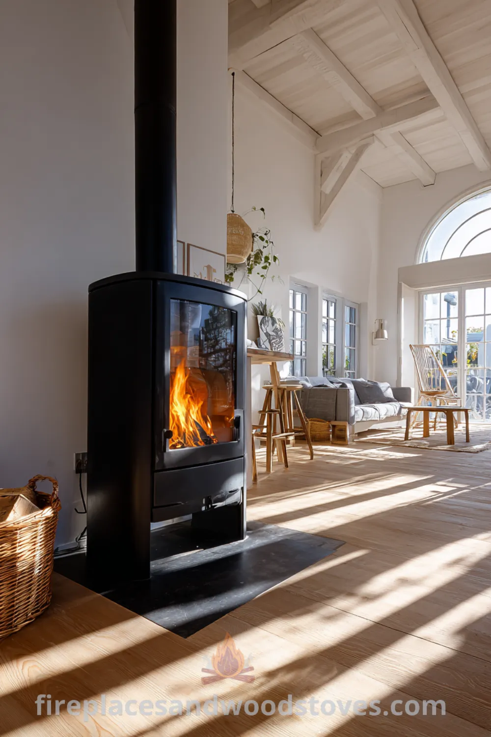 Bright living room featuring an industrial Scandinavian fireplace, light wood flooring scandi, and cozy warmth modern accents.