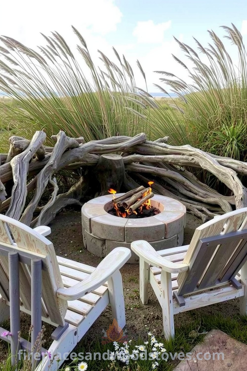 Rustic outdoor barbecue made from sun-bleached driftwood, surrounded by wildflowers and grasses, with flames dancing on a stone base and mismatched chairs creating a cozy gathering space, showcasing unique decor ideas for your home at fireplacesandwoodstoves.com.