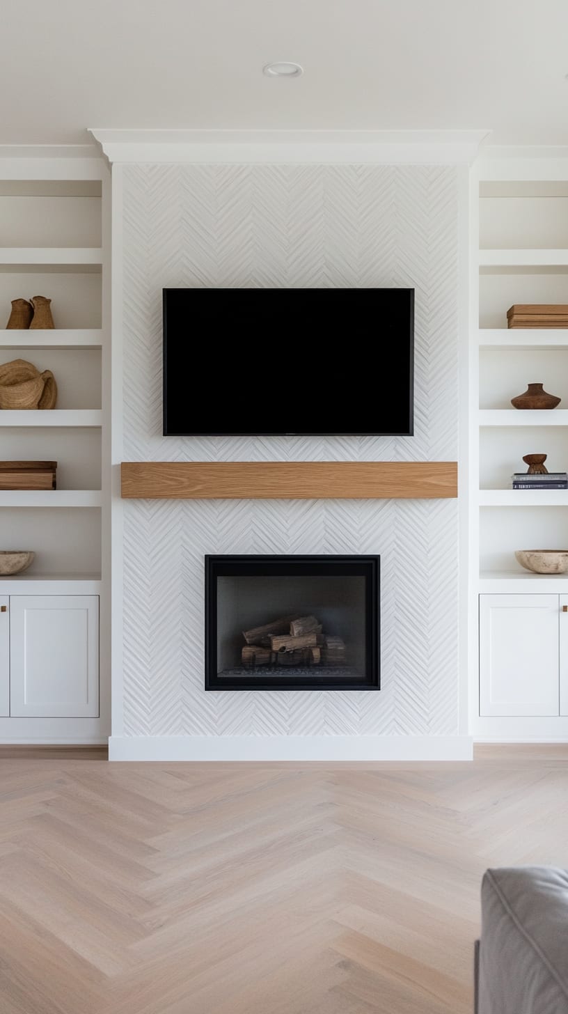 A modern farmhouse living space featuring a white herringbone fireplace wall, a mounted TV, and built-in shelves on either side, complemented by light oak flooring.