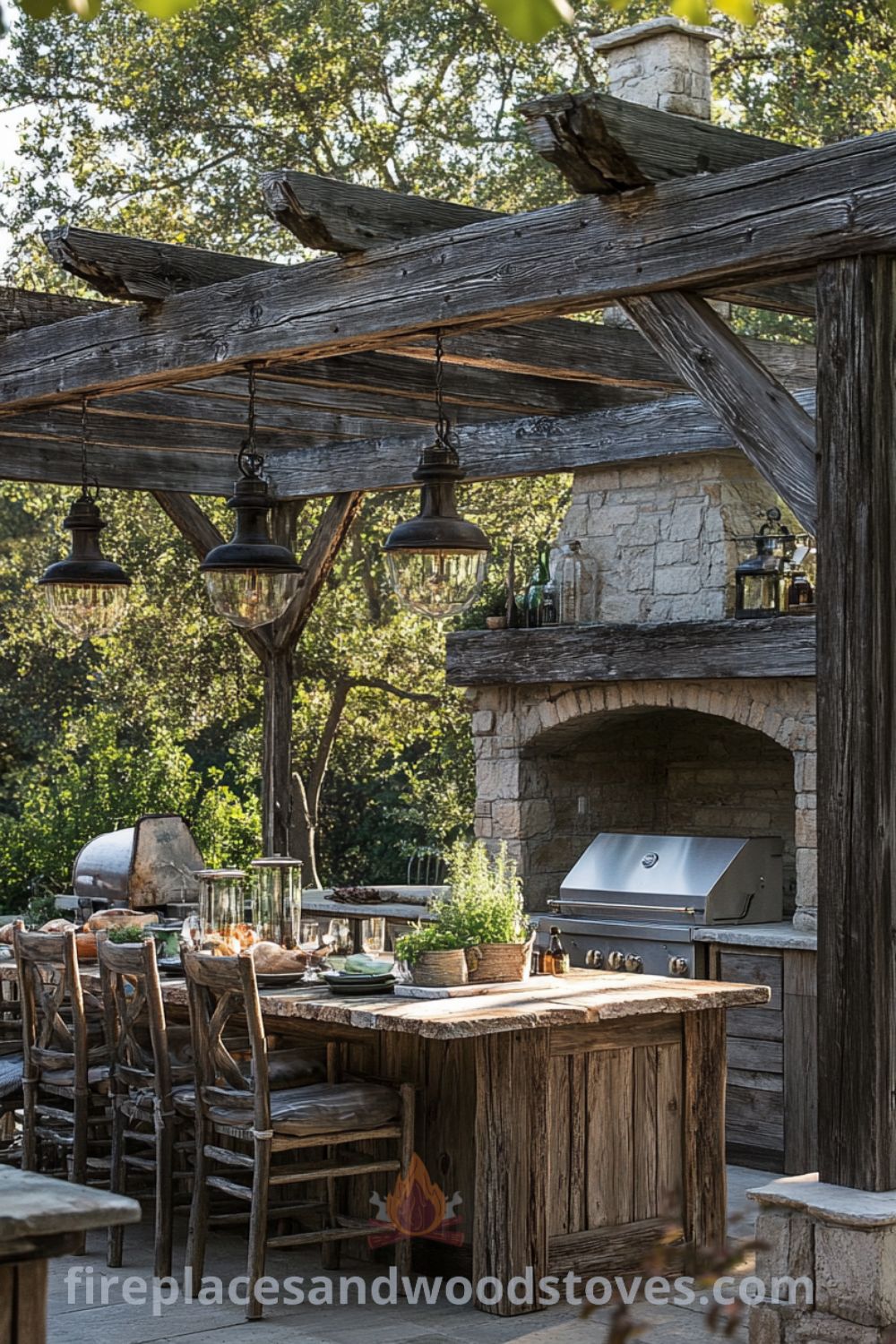 Outdoor kitchen with wood-burning fireplace on fireplacesandwoodstoves.com, showcasing a rustic design with cozy elements, cozy ideas, and inspiring decor inspirations for outdoor living.