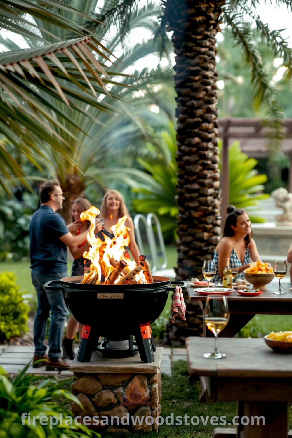 Outdoor barbecue scene featuring a sandstone grill amid swaying palms, friends enjoying food and laughter, a rustic wooden table with fresh ingredients, and a cozy atmosphere under the stars, offering decor ideas for a warm and inviting outdoor space. Visit fireplacesandwoodstoves.com for design inspirations.