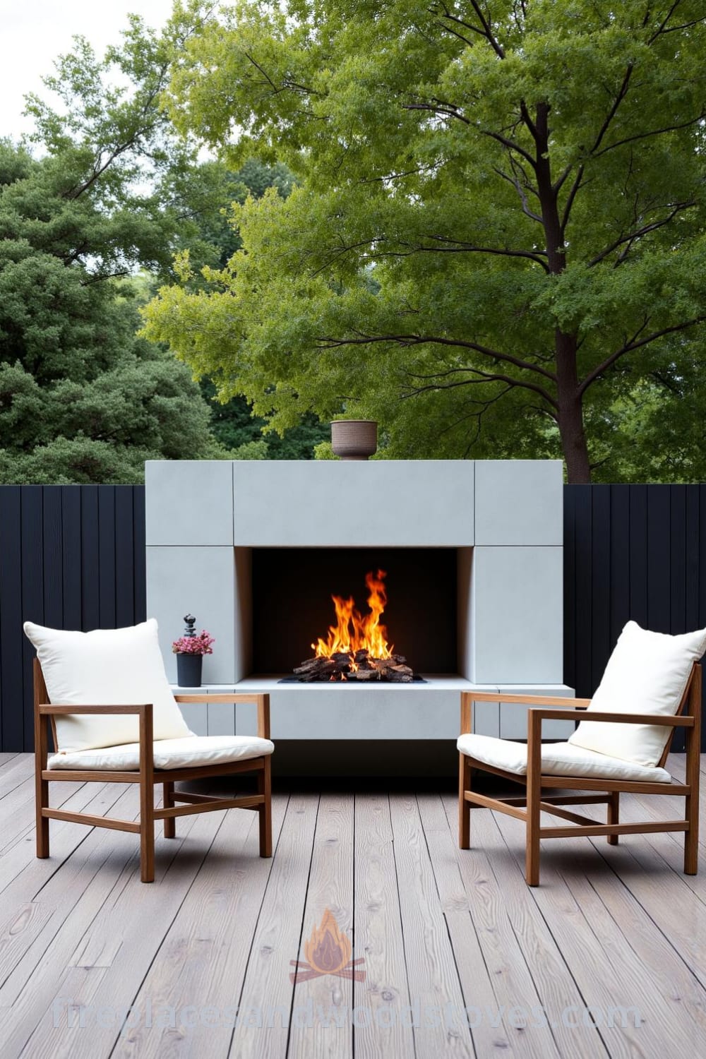 Minimalist concrete outdoor fireplace set on a weathered wooden patio surrounded by lush greenery, featuring soft flickering flames and arranged simple canvas chairs, creating cozy outdoor decor ideas for inspired gatherings. Visit fireplacesandwoodstoves.com for more design ideas.