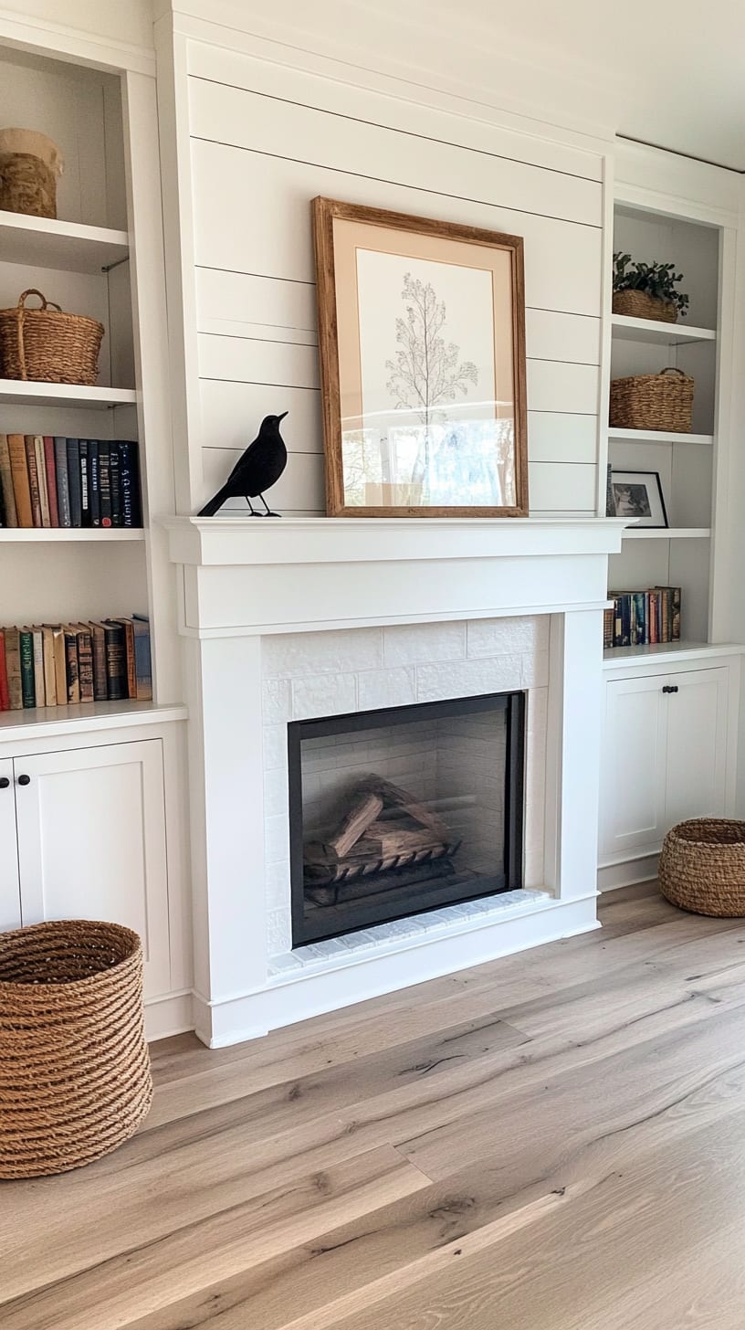 A stylish white shiplap fireplace with built-in bookshelves, a black bird artwork above the mantel, and light oak flooring in a bright and inviting farmhouse living space.