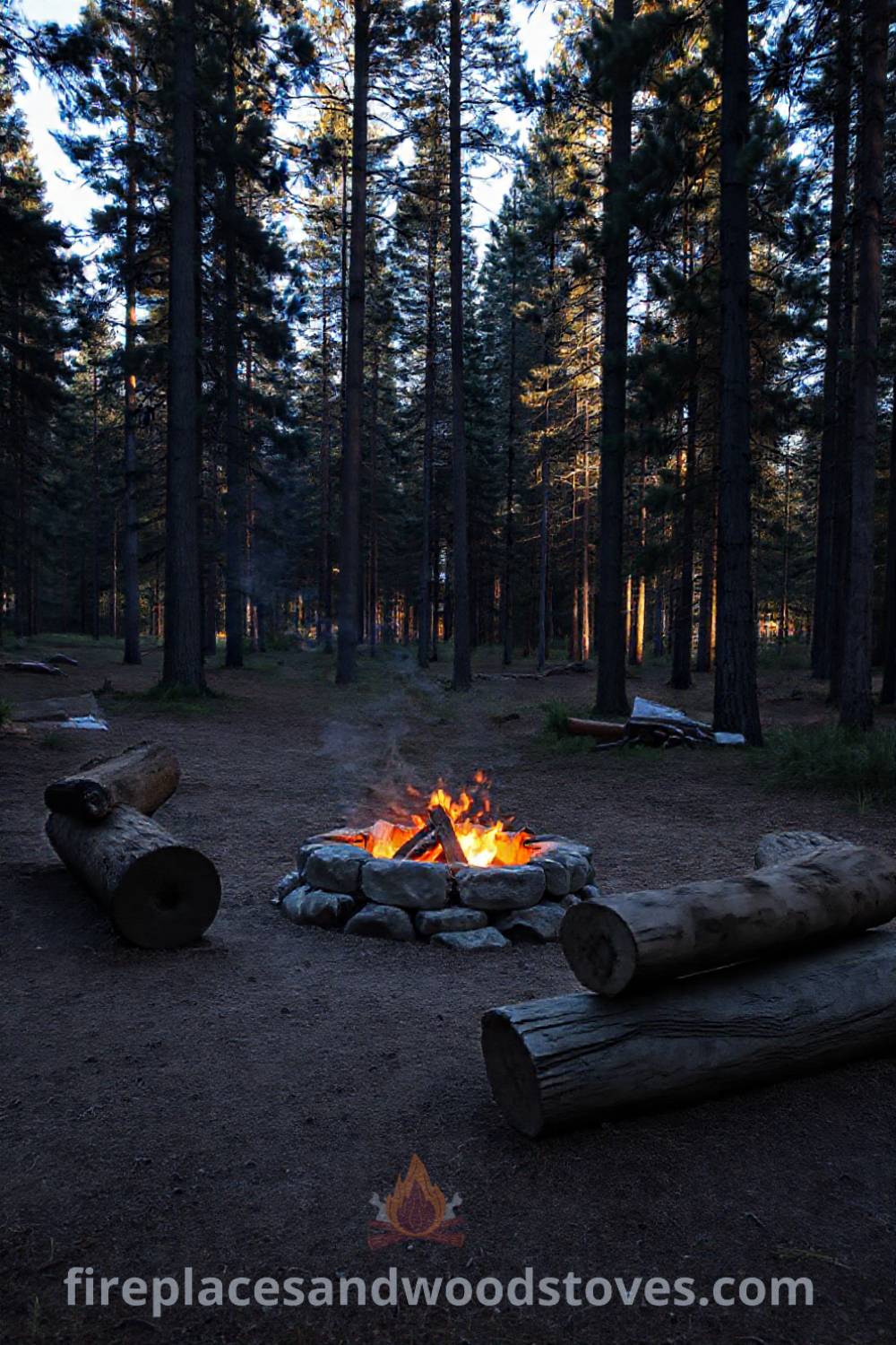 Stone camping fire pit surrounded by towering pines with crackling flames, creating a cozy atmosphere ideal for storytelling and outdoor gatherings. Visit patioandhomefurniture.com for incredible ideas transforming your backyard.