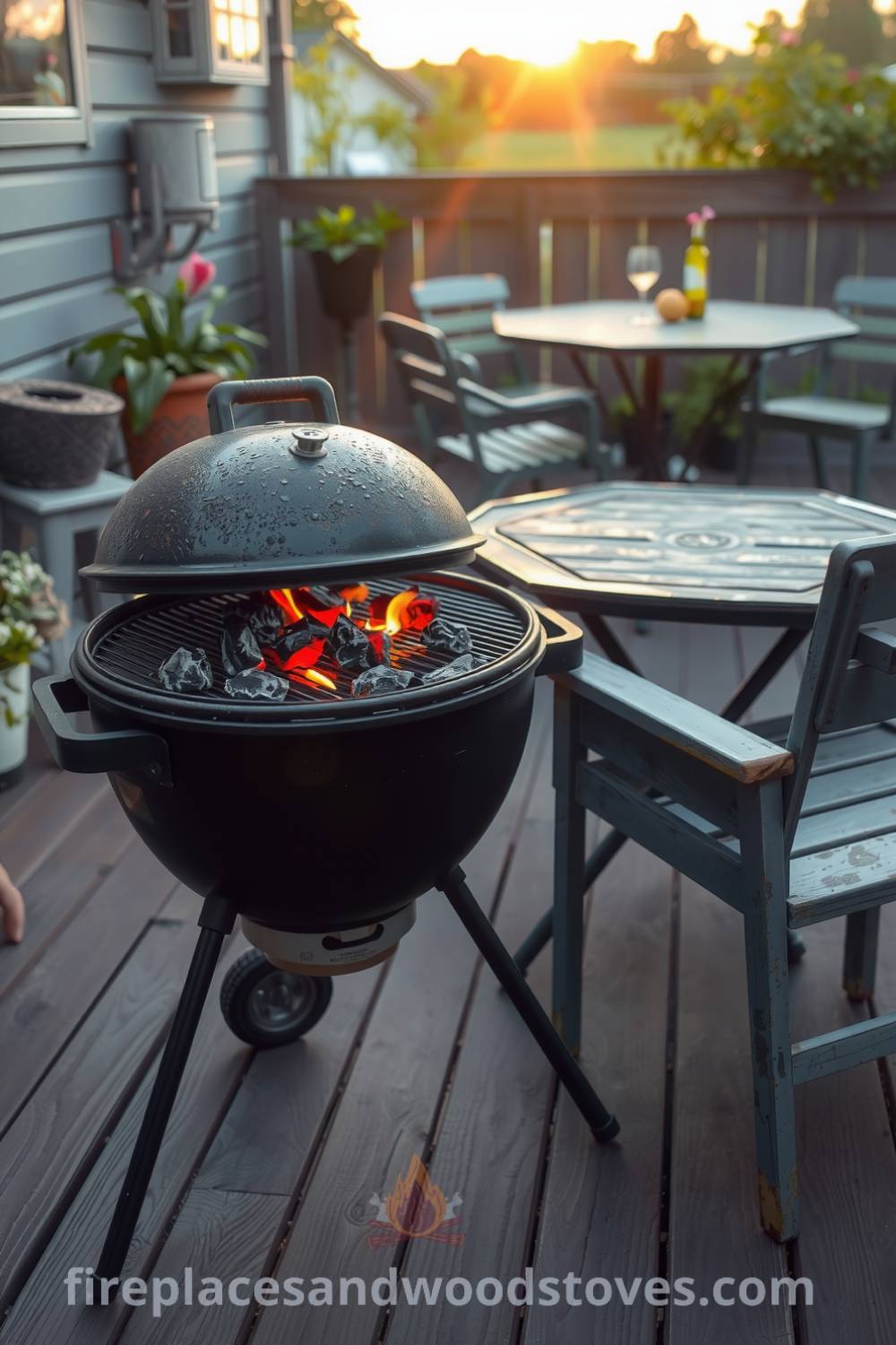 Charming barbecue setup on a wooden deck with glowing coals, mismatched chairs, and a weathered table surrounded by potted plants, creating a cozy summer atmosphere perfect for gathering with friends, featured on fireplacesandwoodstoves.com.