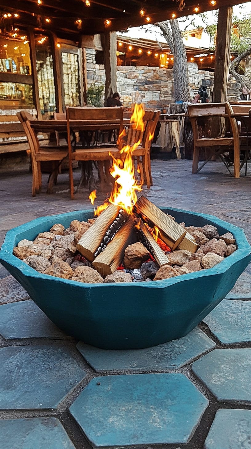 A turquoise fire bowl with wood and rocks inside on a patio surrounded by hexagonal pavers and wooden chairs, illuminated by warm flames at night.