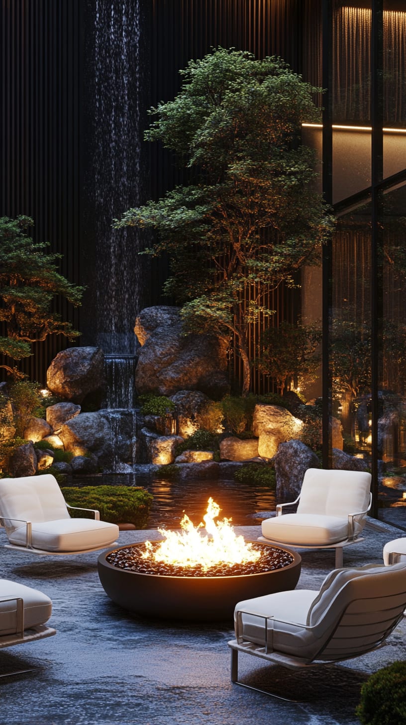 A luxurious outdoor courtyard with a black fire pit, white chairs, waterfalls, and lush greenery, creating a serene atmosphere in a modern setting.