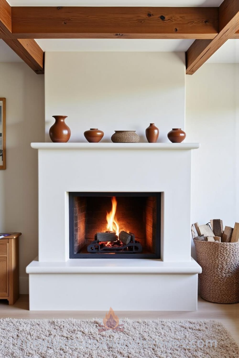Scandinavian whitewashed fireplace in a cozy cabin living room, featuring smooth stone, rustic wooden beams, handmade pottery on the mantle, and a basket filled with firewood, creating a warm and inviting atmosphere for evenings spent with a good book at fireplacesandwoodstoves.com.