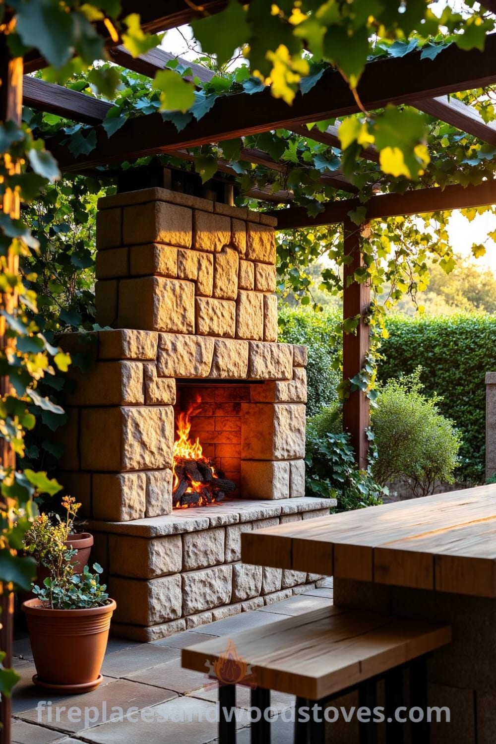 Cozy pergola with an integrated fireplace in a lush garden, featuring flickering flames, draped vines, wooden furniture, and a rustic table set for dinner, creating an inviting atmosphere with inspiring decor ideas for your home. Visit fireplacesandwoodstoves.com for more unique ideas.